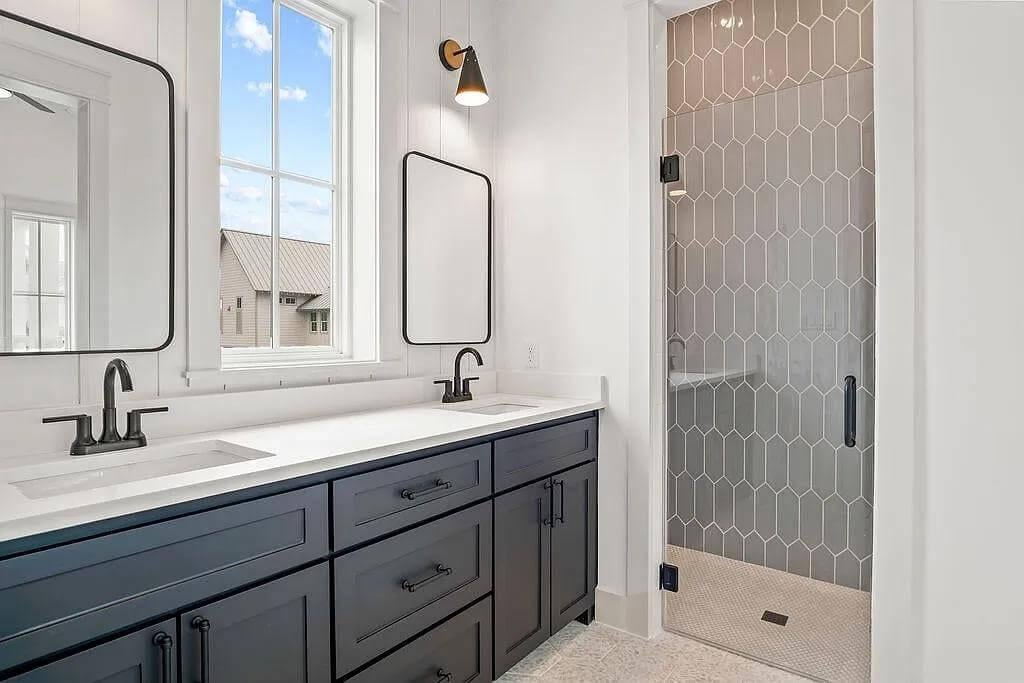 Bold Hexagonal Tiles Make a Statement in This Chic Bathroom