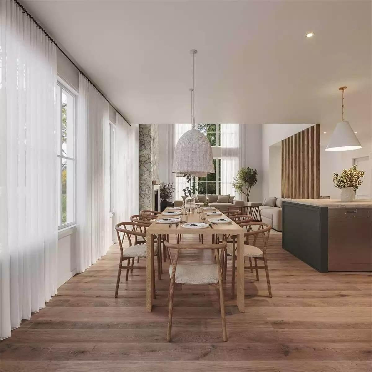 This Dining Area Shines with Its Wooden Accents and Elegant Light Fixture