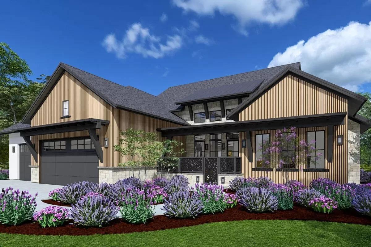 Modern Farmhouse with Eye-Catching Vertical Siding and Lavender Beds
