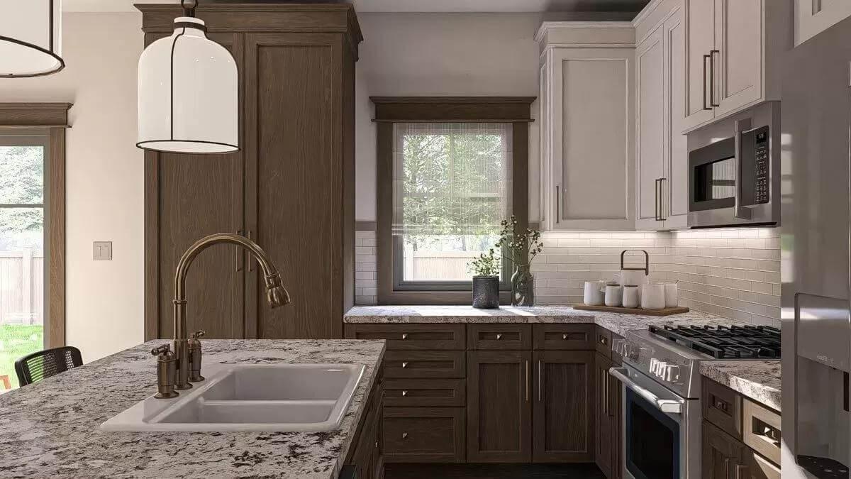 Craftsman Kitchen with Granite Countertops and Rich Wood Cabinetry