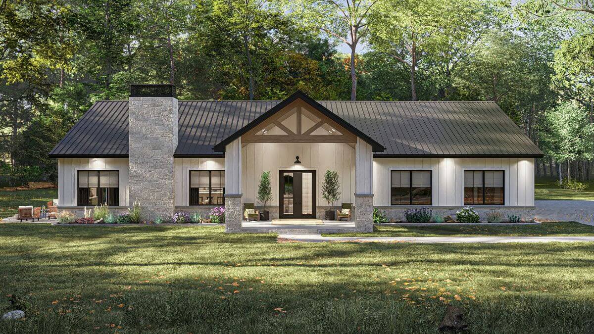 Barndominium-Style 2-Bedroom Home with Covered Front Porch and Open-Concept Living (Floor Plan)