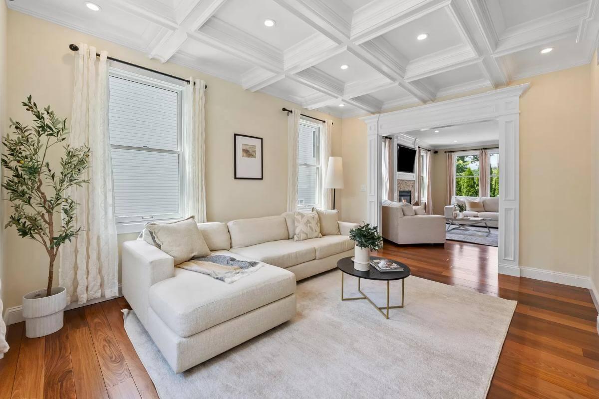 Step into This Stylish Living Room with a Striking Coffered Ceiling