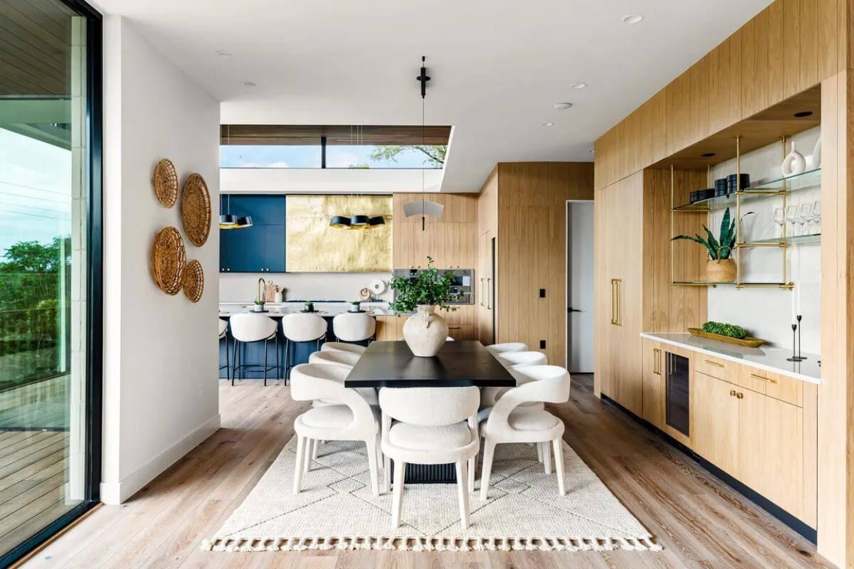 Wow, Check Out That Bold Blue Accent Wall in This Mid-Century Modern Dining Area