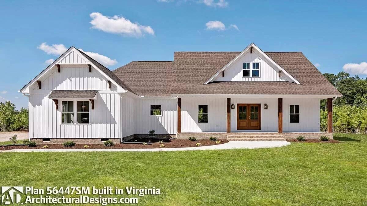 Notice the Rustic Beams Against Crisp White Board and Batten Siding