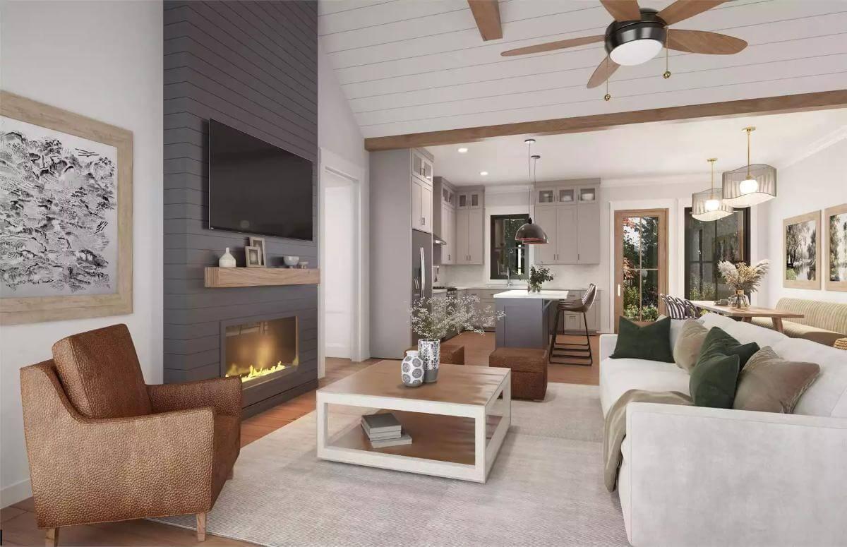 Cozy Craftsman Living Area with a Striking Dark Fireplace