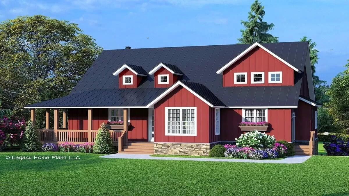 Classic Red Farmhouse with Inviting Front Porch and Dormer Windows