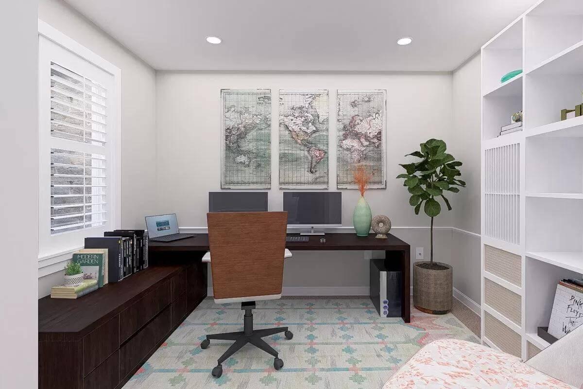 Modern Home Office with World Map Triptych