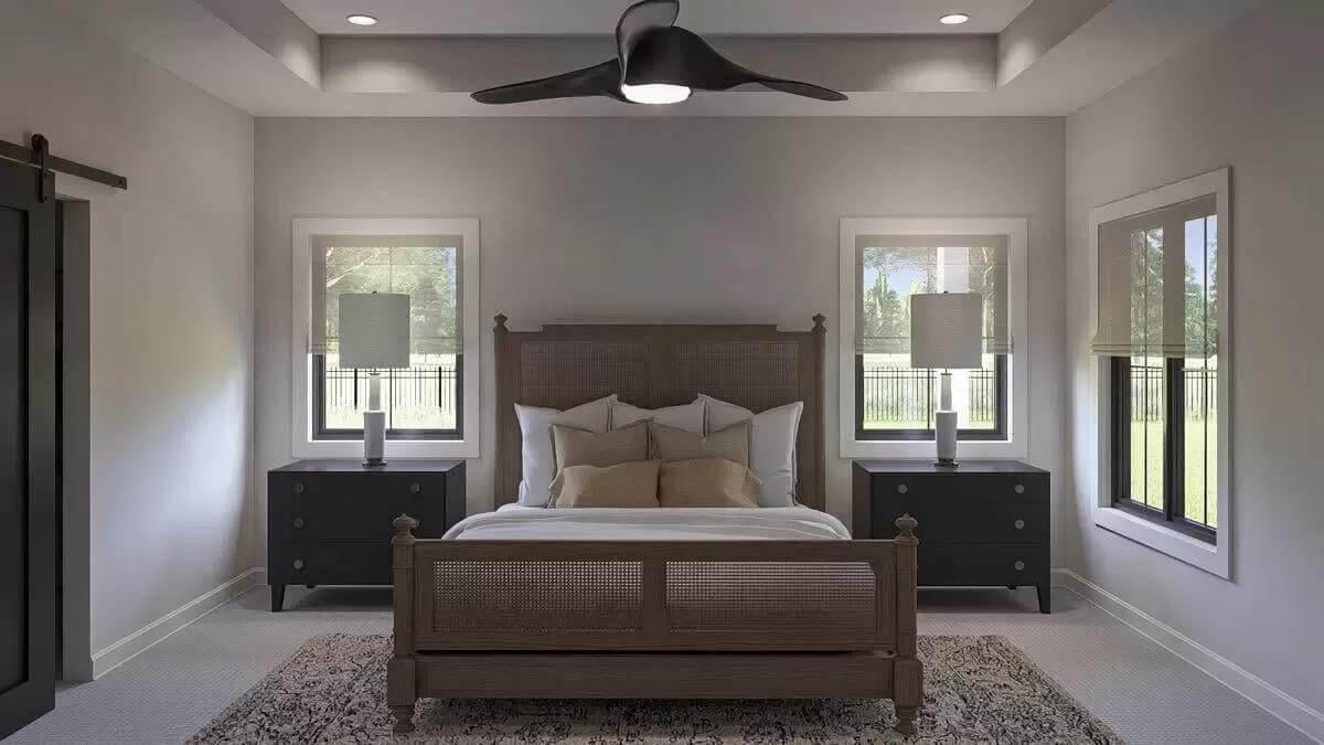Notice the Sleek Ceiling Fan and Layered Textures in This Calm Bedroom