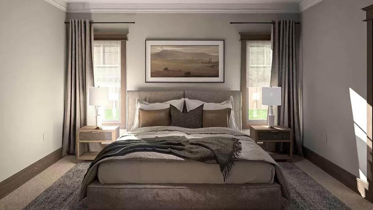 Craftsman Bedroom with Warm Earth Tones and Layered Textures