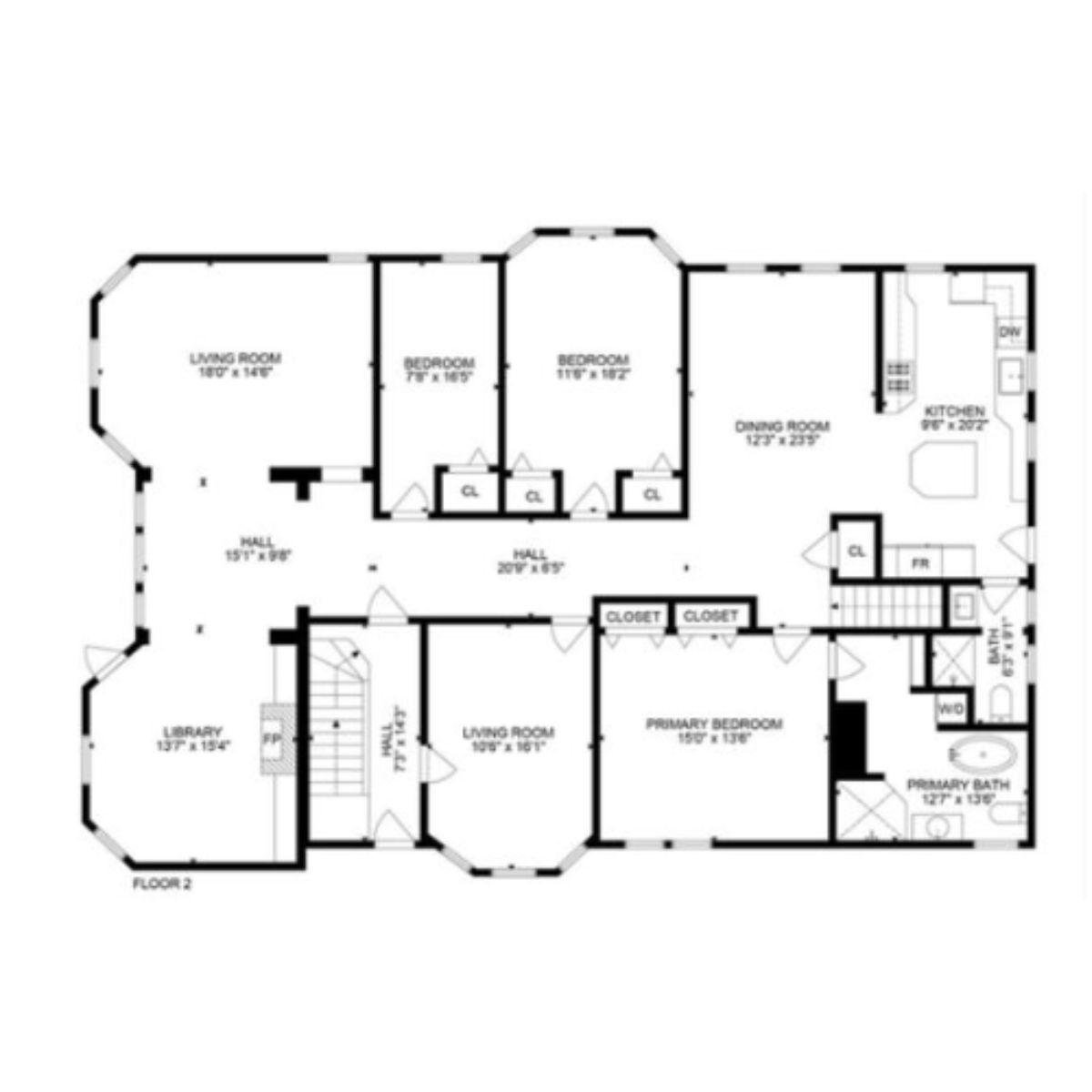 Second-Floor Layout with Dual Living Rooms and a Cozy Library