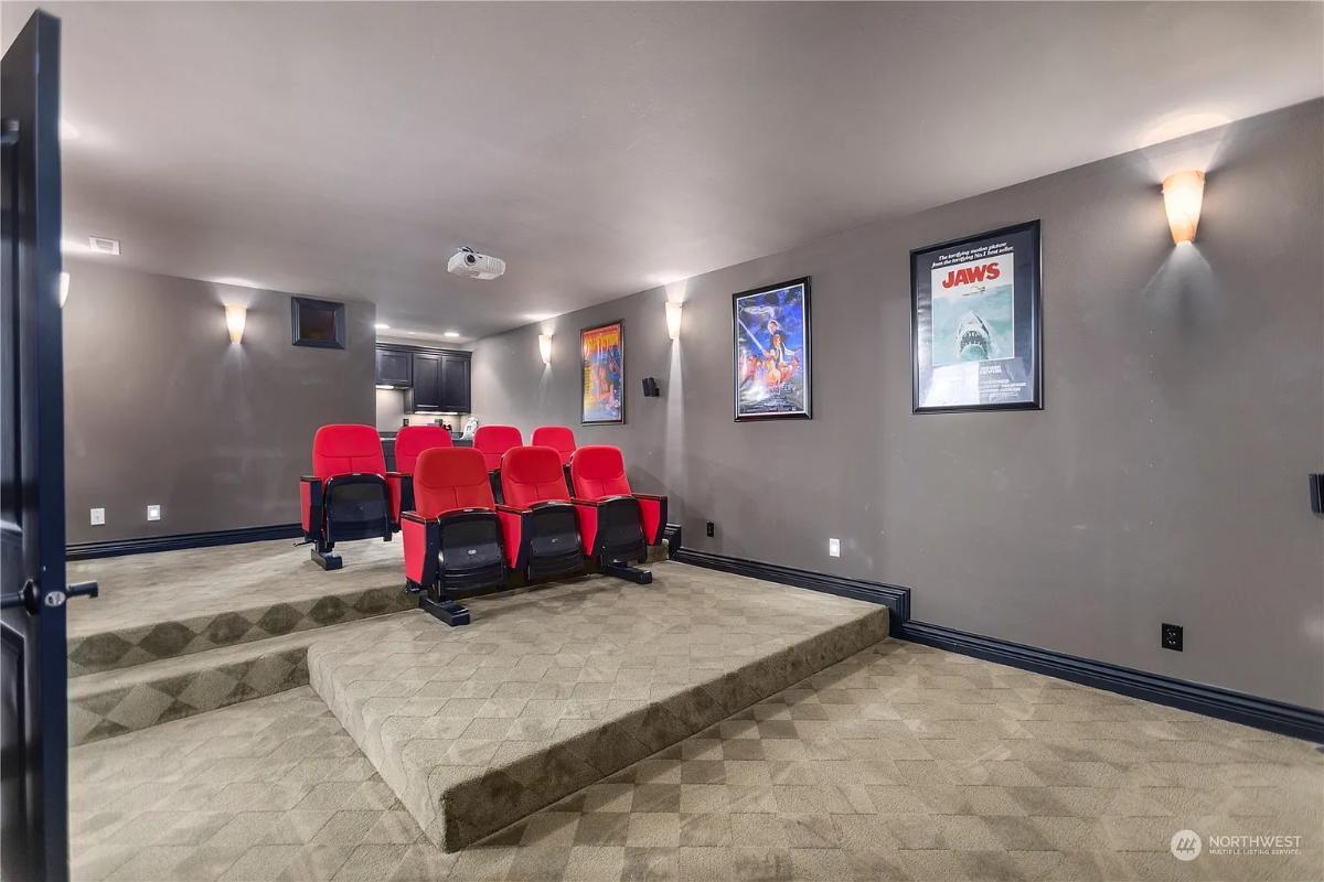 Movie Magic Awaits in This Home Theater with Bold Red Seating
