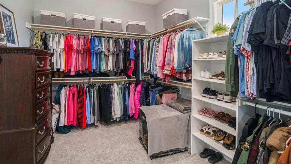 Organized Walk-In Closet with Classic Dresser and Practical Shoe Shelves