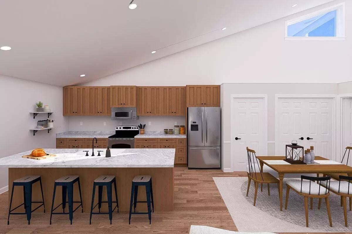 Check Out the Sloped Ceiling in This Contemporary Kitchen and Dining Area
