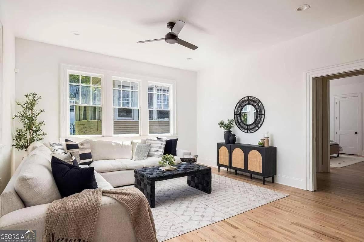 Check Out This Craftsman Living Room with Bold Rattan Cabinetry