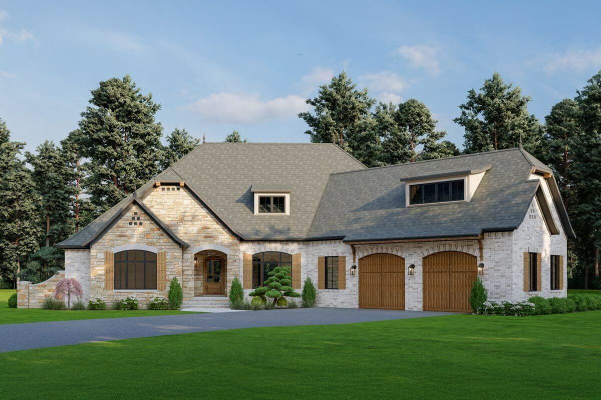 4-Bedroom French Country Home with Bonus Room Above the Angled Garage (Floor Plan)