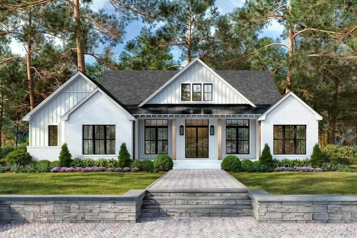 Take Note of the Crisp White Facade and Symmetrical Gabled Rooflines