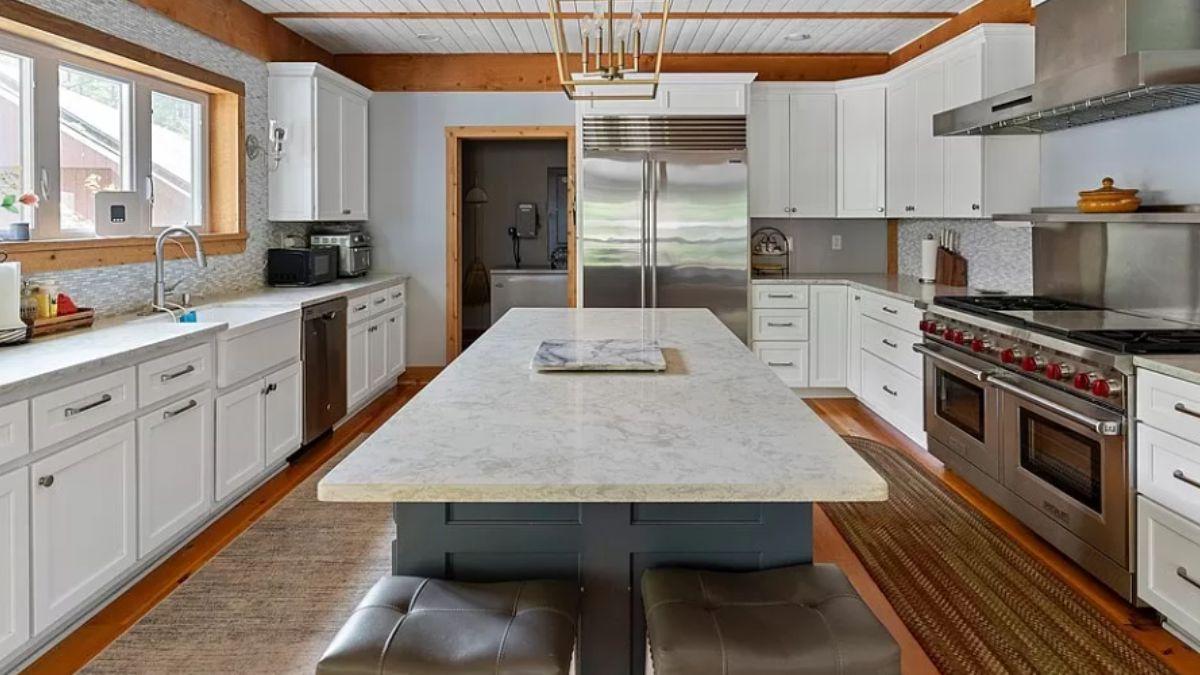 Notice the Bold Island Centerpiece in This Bright Country Kitchen