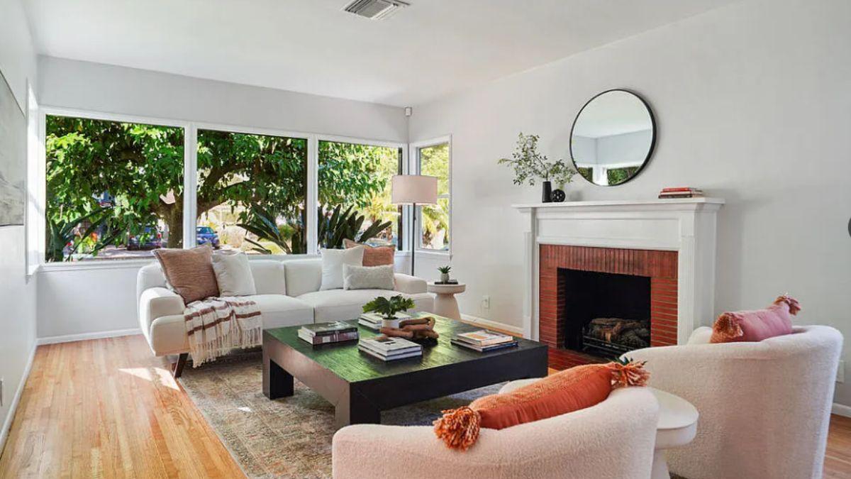 Warm Living Room with a Striking Brick Fireplace