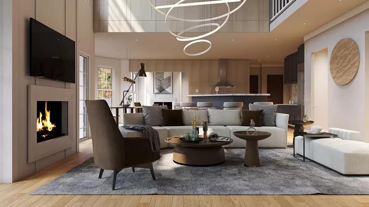 Modern Living Room with Dynamic Spiral Light Fixture