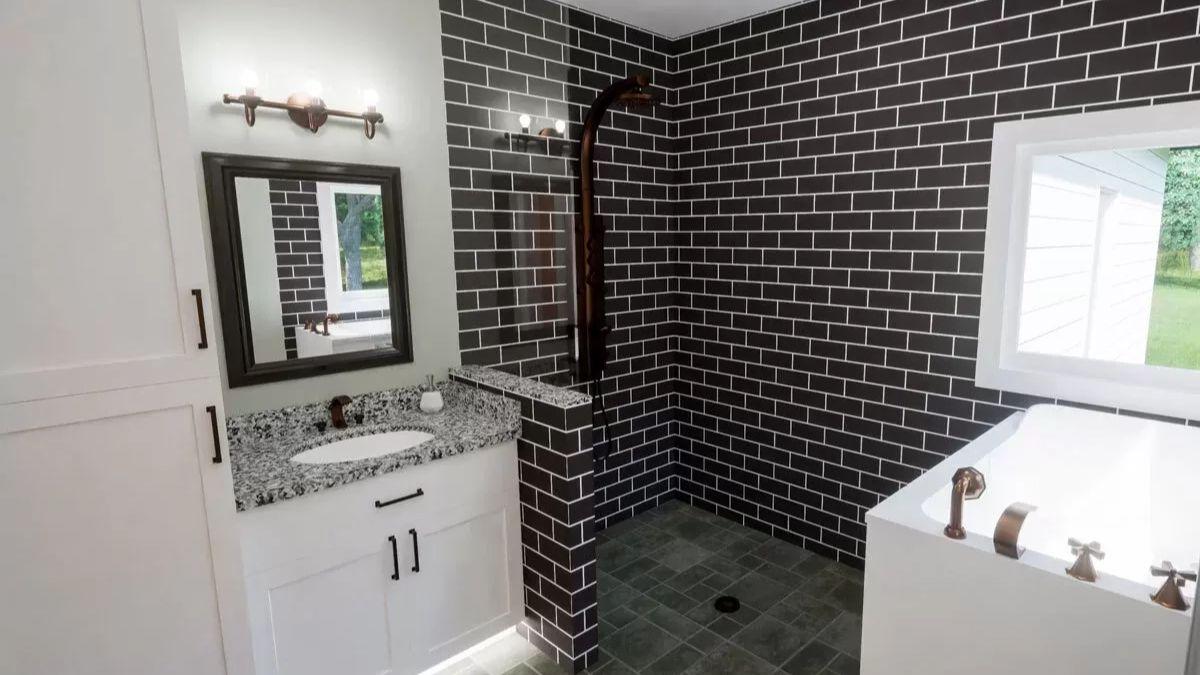 Peek Inside This Craftsman Bathroom with Striking Dark Brick Walls