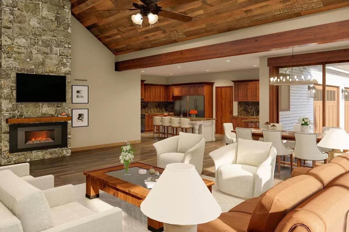 Warm Craftsman Living Area Featuring a Striking Stone Fireplace