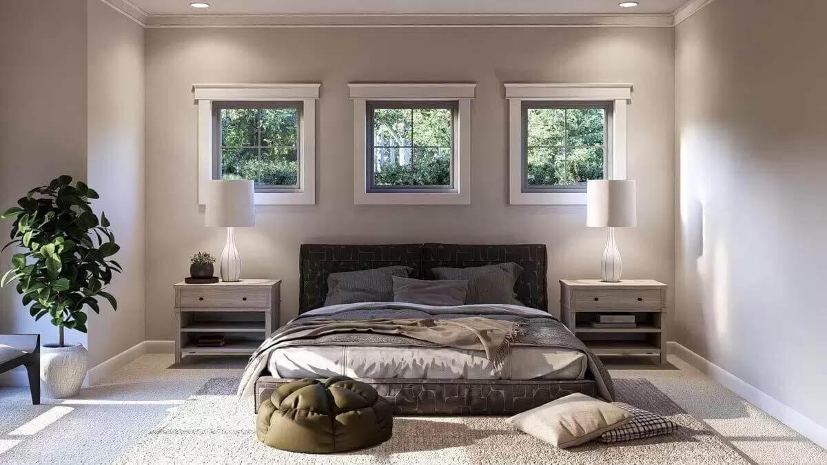 Serene Craftsman Bedroom with Triple Windows and Crisp Lines