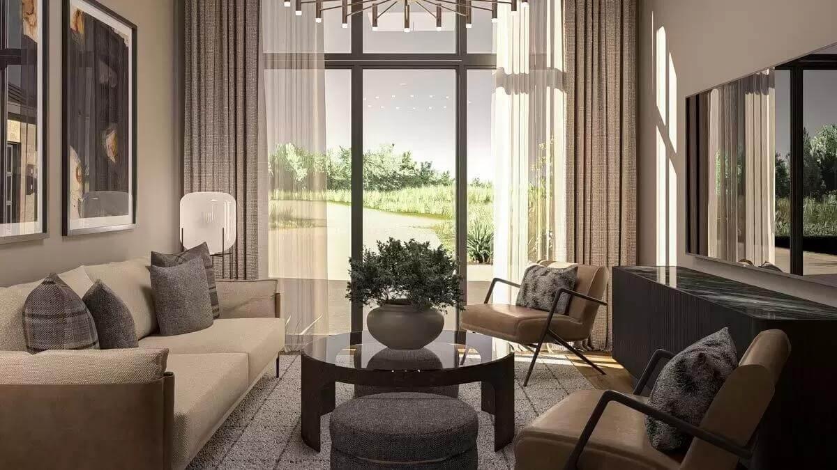 Relax with Nature: Sun-Drenched Living Room Featuring a Modern Chandelier