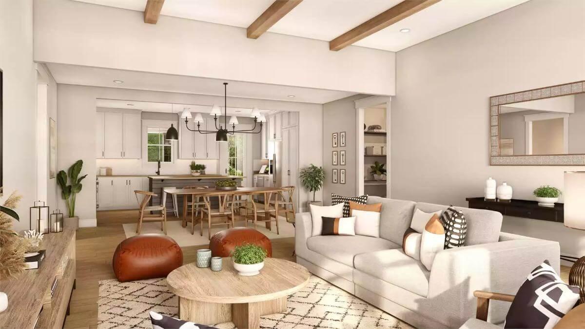 Seamless Open Living Space with Wooden Beam Accents