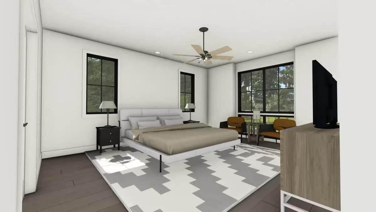 Unwind in This Minimalist Bedroom with Geometric Rug