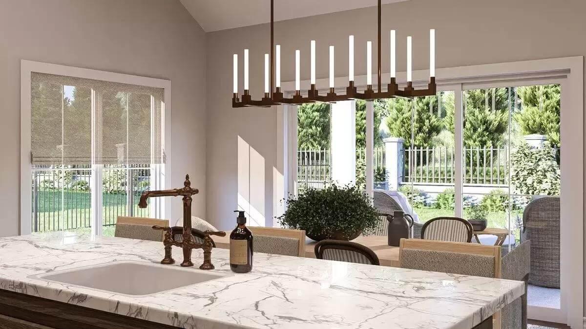 Notice the Dramatic Pendant Lighting in This Elegant Kitchen