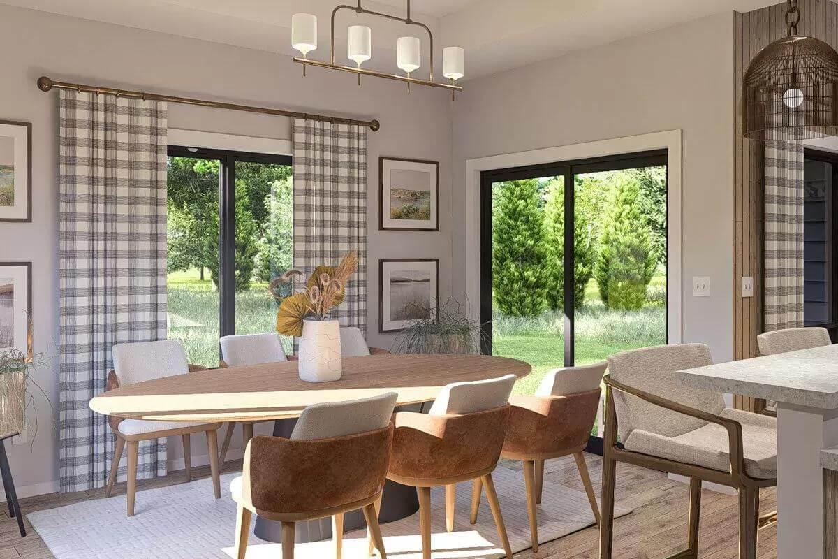 Dining Room with Plaid Accents and Garden Views