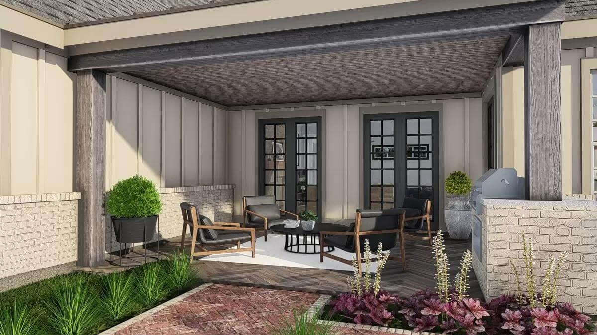 Cozy Covered Patio with Bold Dark Accents