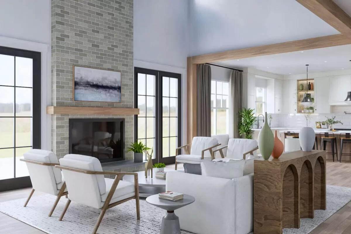 Modern Living Room with Prominent Brick Fireplace and Arched Console