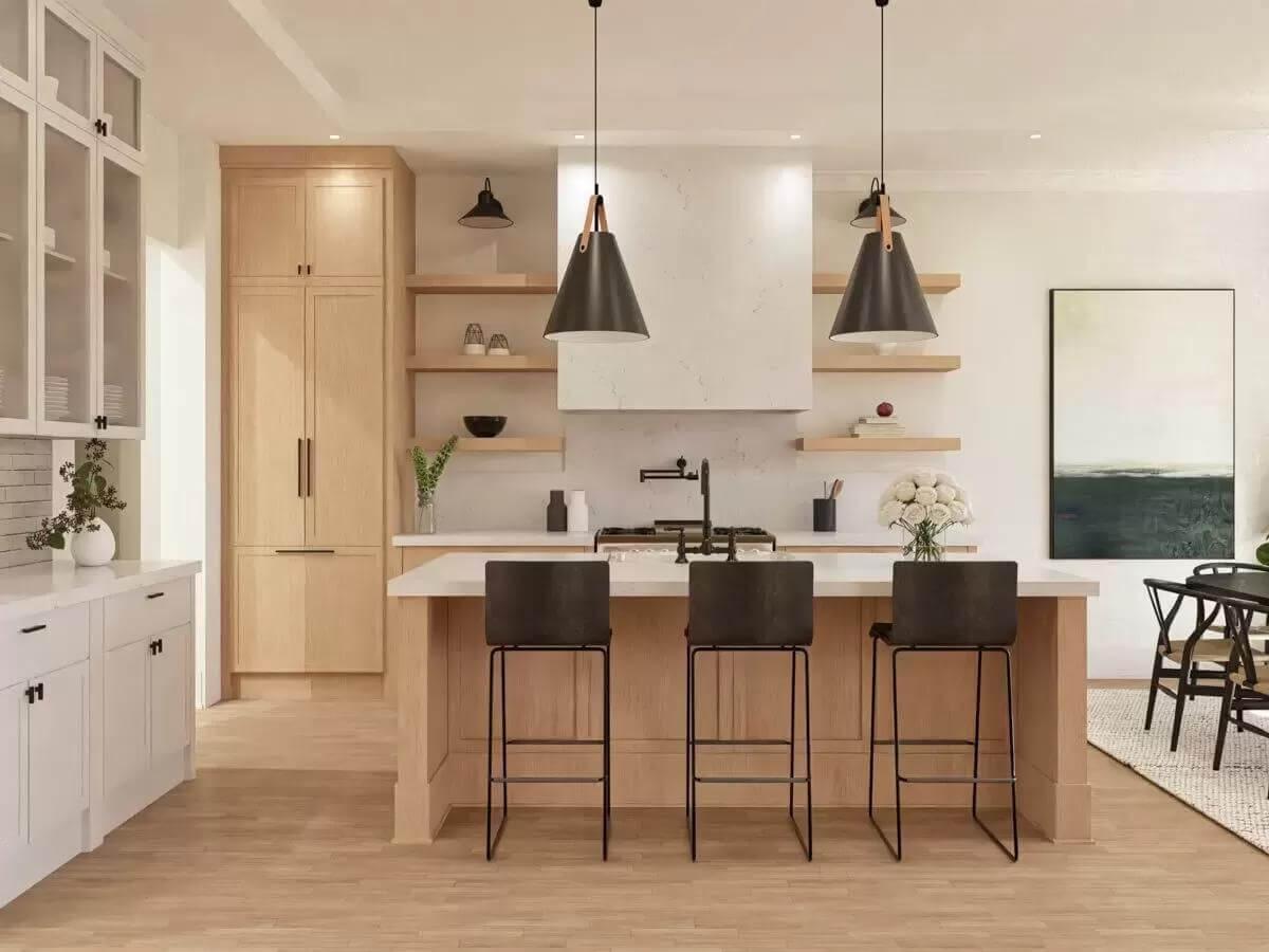 Modern Farmhouse Kitchen with Minimalist Open Shelving