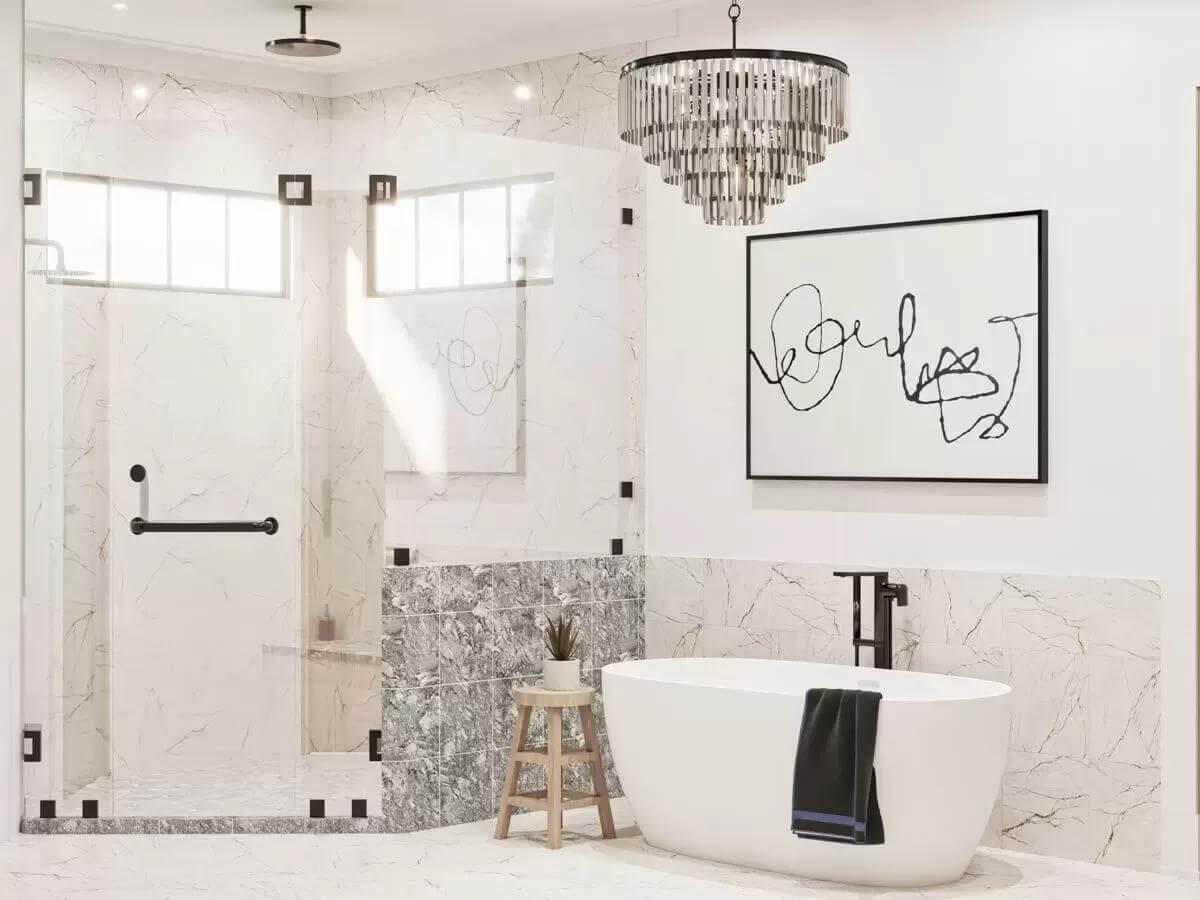 Contemporary Bath with Freestanding Tub and Artistic Flair