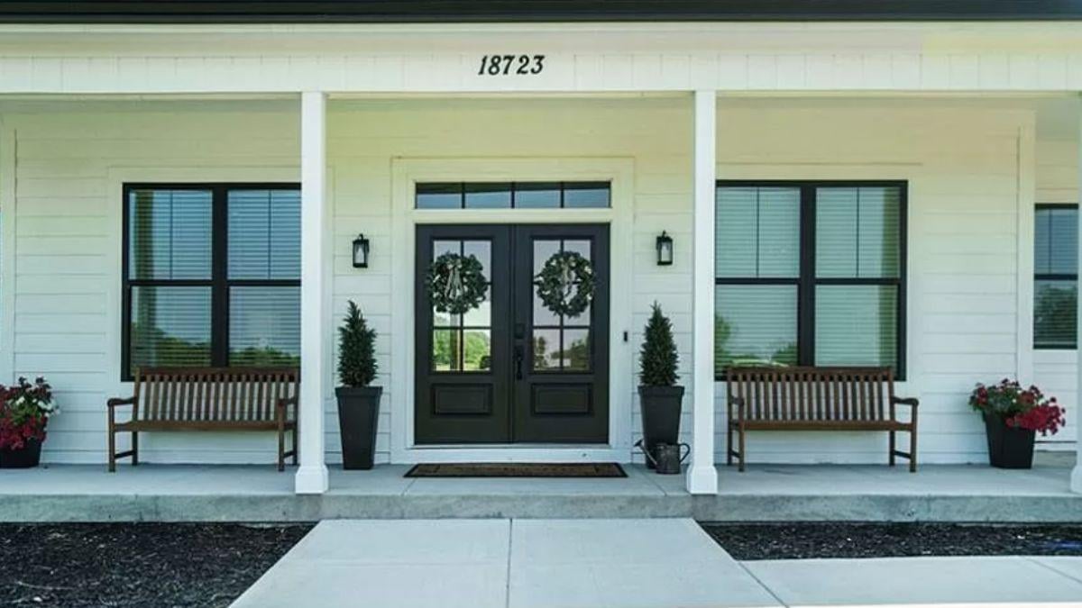Front Porch with Symmetrical Design and Inviting Benches