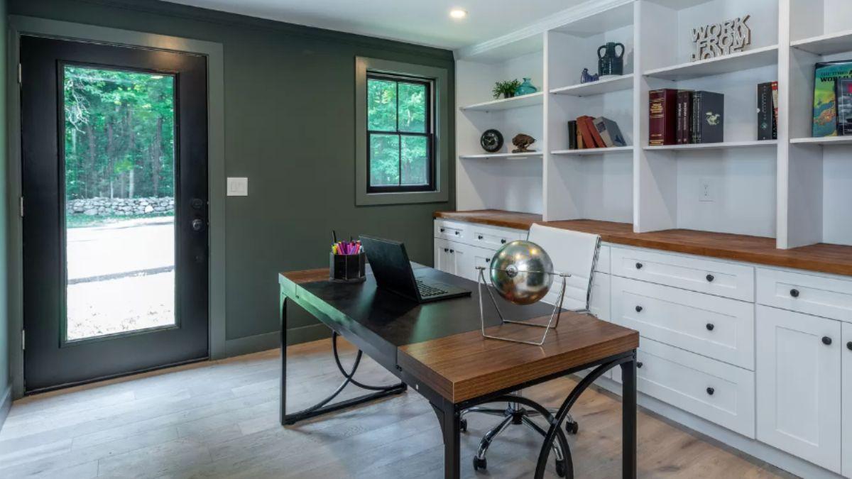 Notice the Bold Black Door and Clever Built-ins in This Home Office