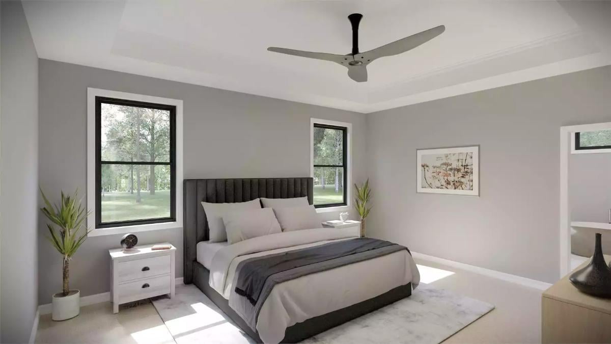 Calm Palette and Sleek Ceiling Fan in a Minimalist Bedroom