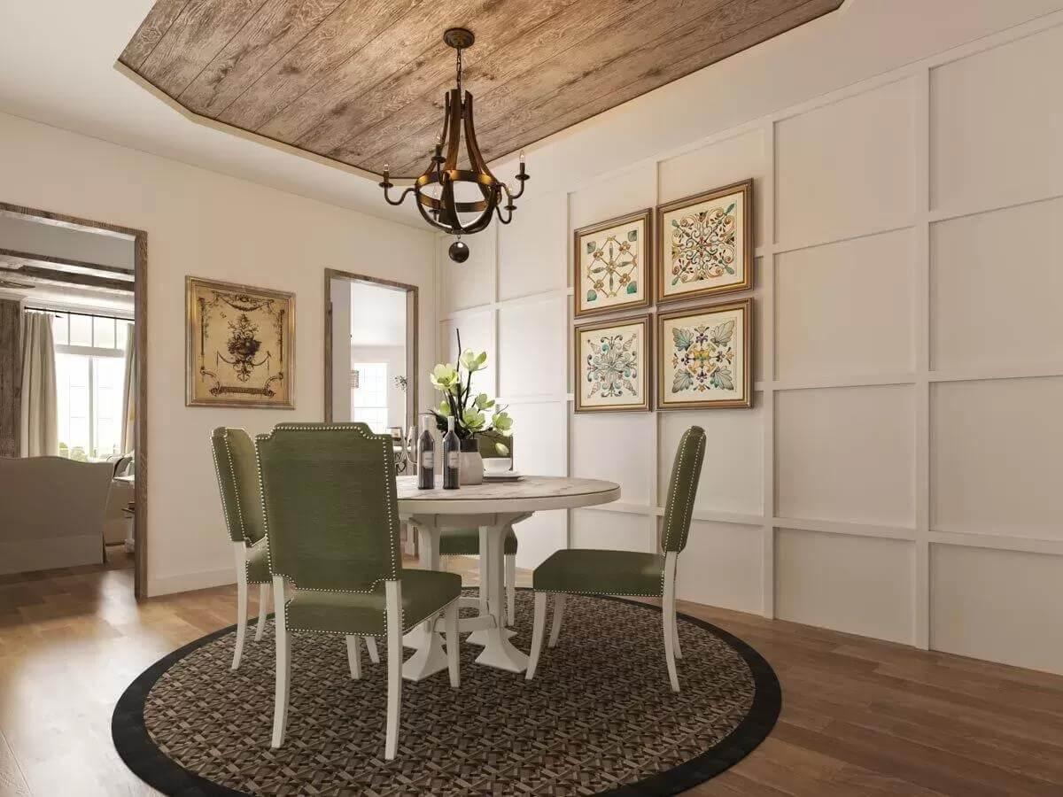 A Dining Room with Character: Notice the Wooden Ceiling Accent