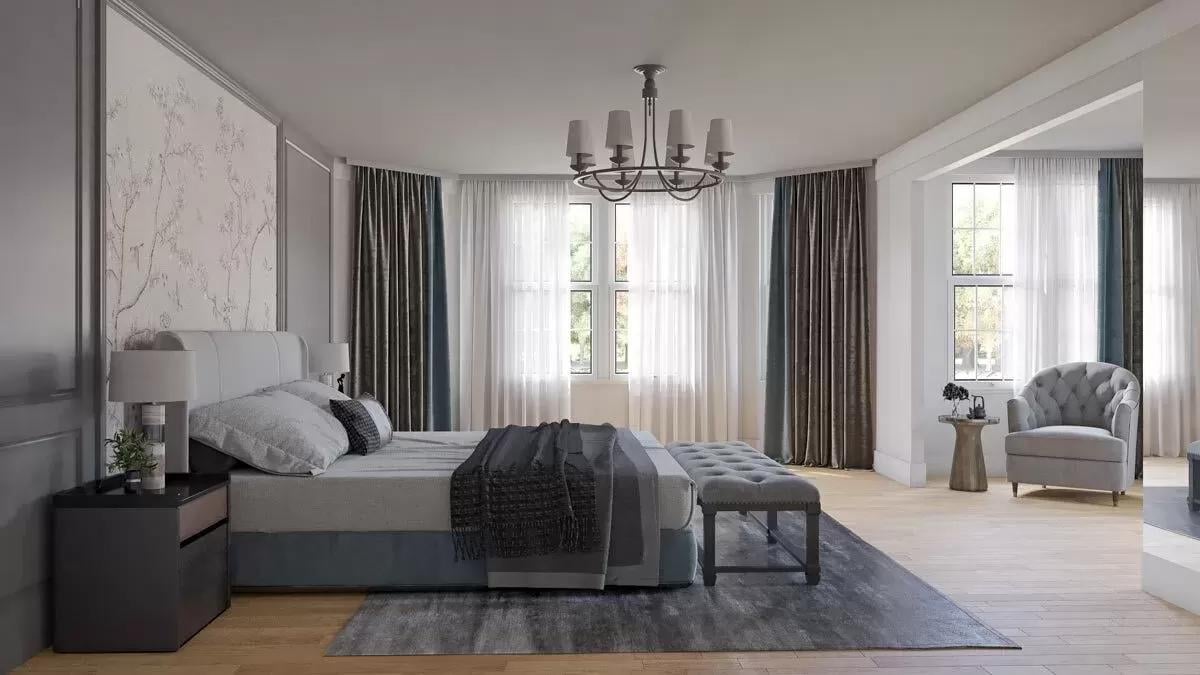 Calm Bedroom Oasis with Botanical Accent Wall and Plush Seating