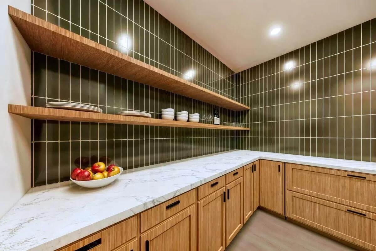 Check Out the Sleek Open Shelving in This Stylish Pantry