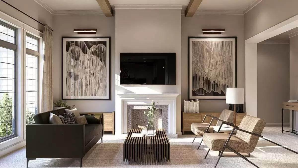 Craftsman Living Room with a Crisp Fireplace Framed by Modern Art
