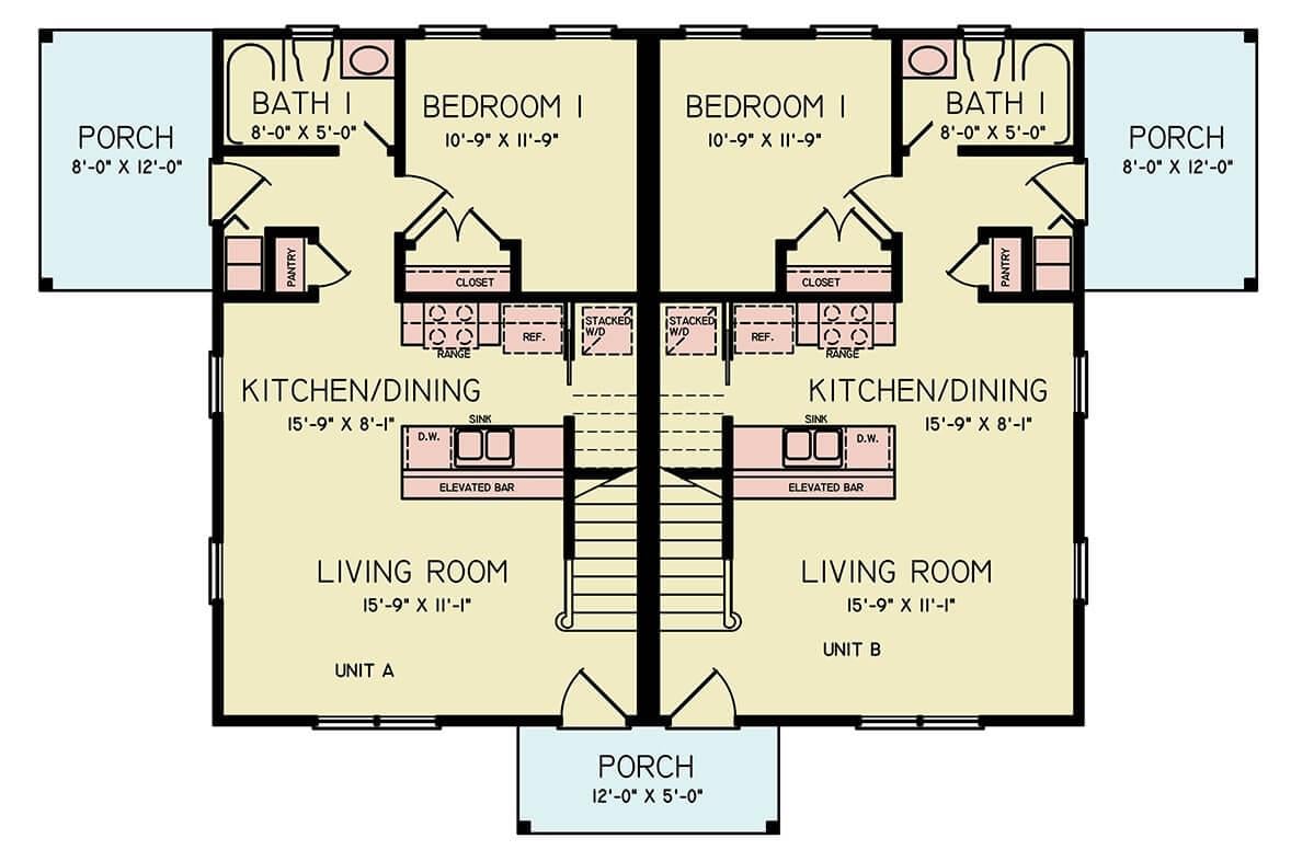 Duplex Design with Dual Porches and Shared Great Rooms