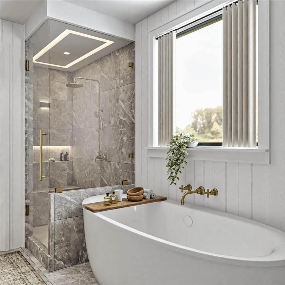 Marvel at This Tranquil Bathroom with a Soothing Freestanding Tub
