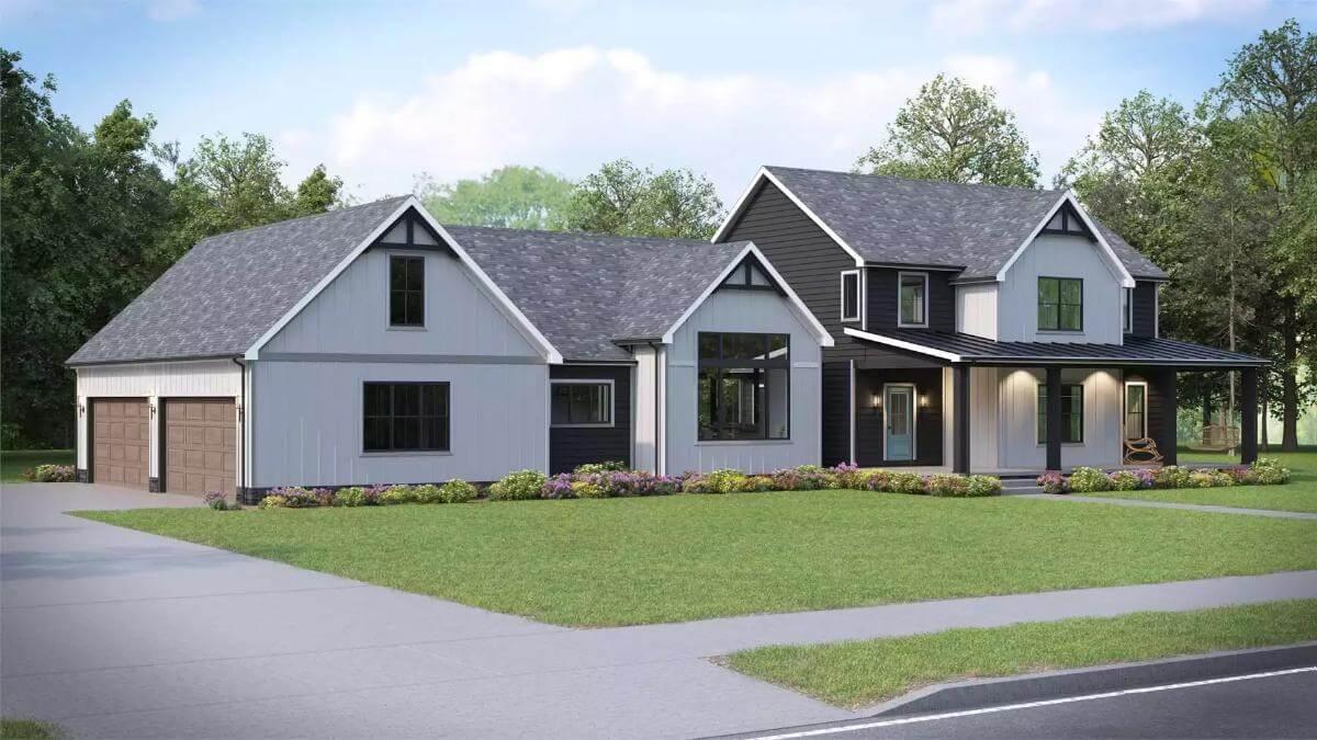 Notice the Distinctive Dark and Light Siding of This Modern Farmhouse