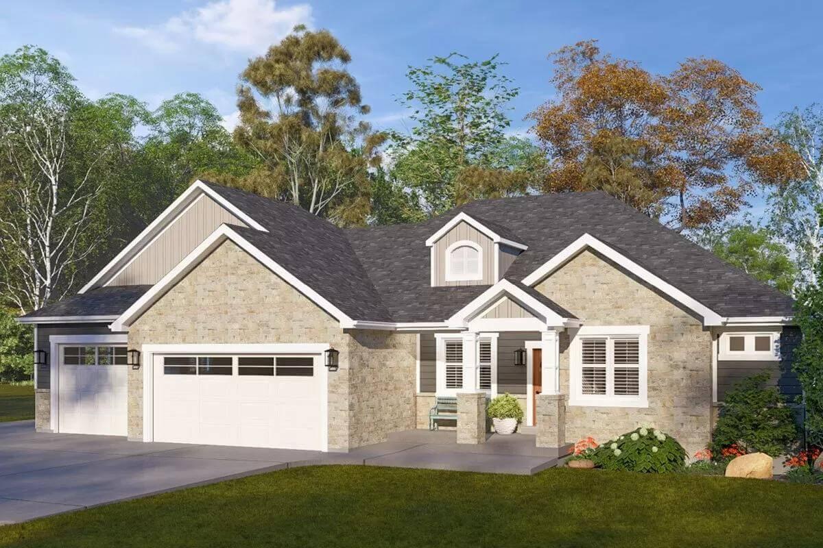Notice the Textured Stone Facade and Quaint Front Porch
