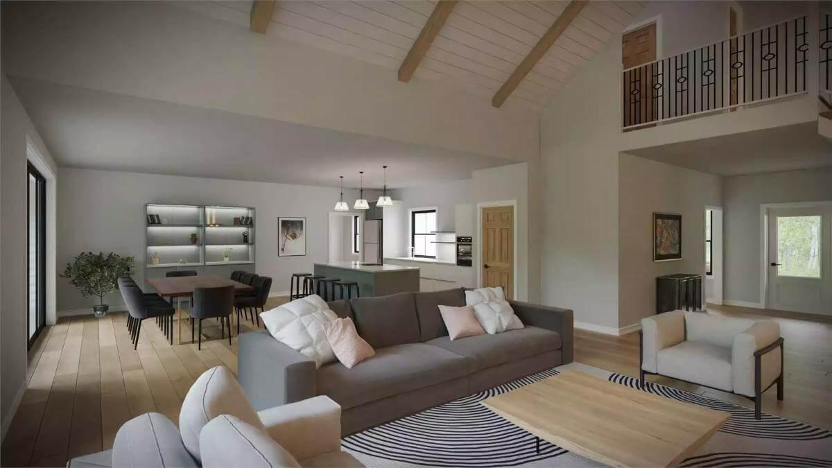 Open Living Area Featuring Vaulted Ceilings and Modern Metal Railings