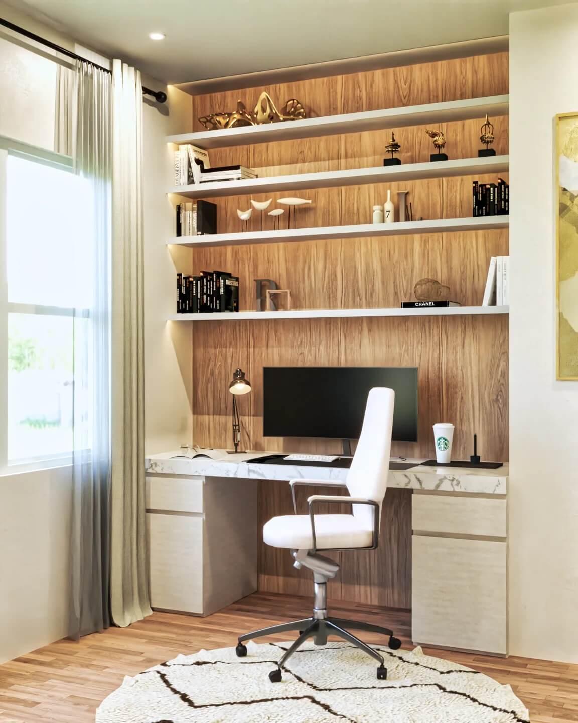 Stylish Home Office with Custom Shelving and Marble-Topped Desk