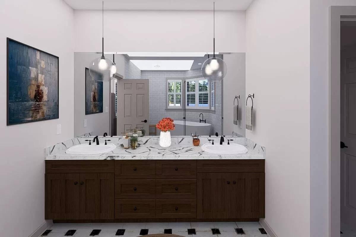 Discover the Dual Vanities and Artistic Touches in This Bathroom