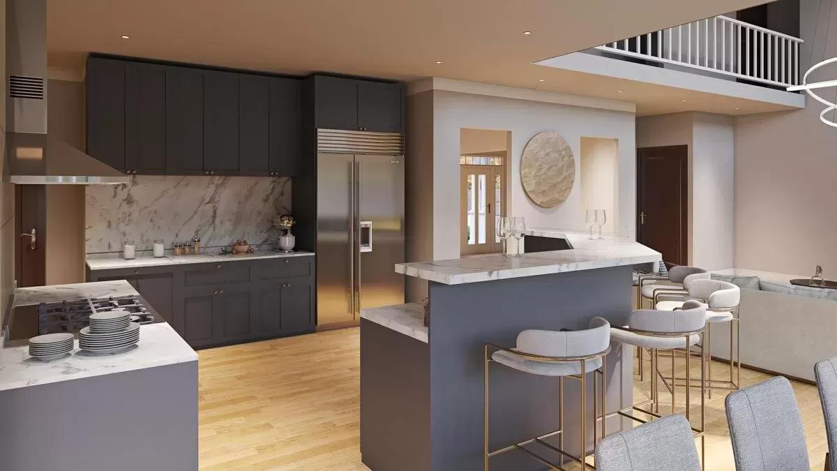 Explore This Modern Kitchen with Marble Accents and Stylish Bar Seating